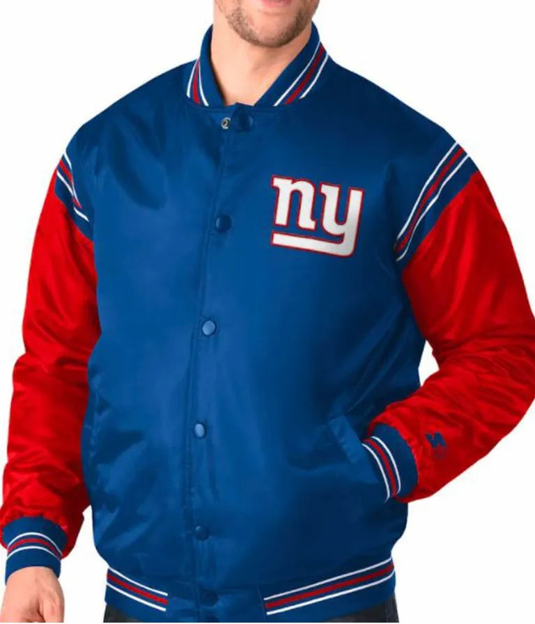 New York Giants Full-Snap Varsity Red and Blue Satin Men's Bomber Jacket