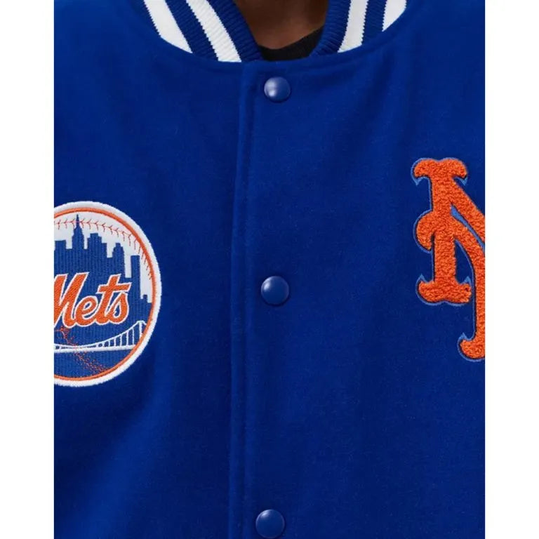 NY Mets Wordmark Varsity Royal Blue Wool & White Leather Sleeves Men's Jacket