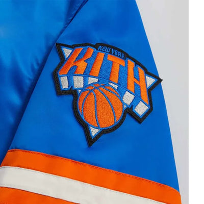 New York Knick Striped Full-Snap Varsity Blue Satin Men's Bomber Jacket