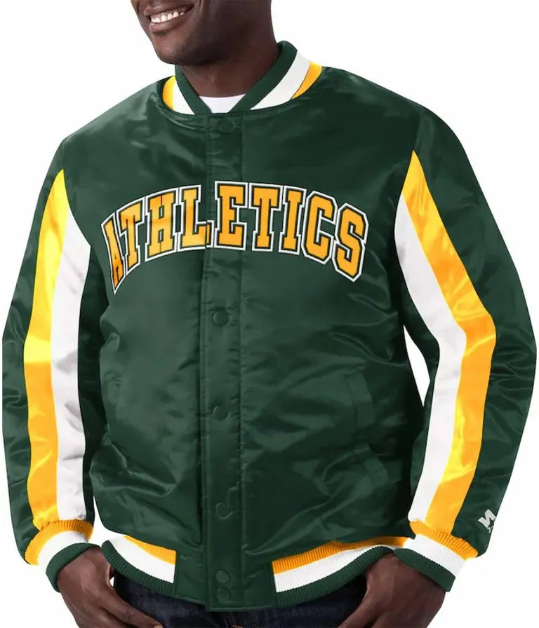 Oakland Athletics The Ace Green Satin Full Snap Varsity Men's Jacket