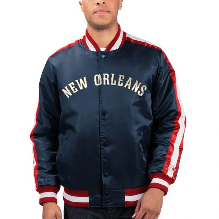New Orleans Pelicans The Offensive Full-Snap Varsity Navy Blue Satin Men's Bomber Jacket