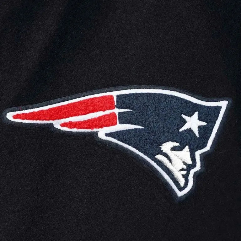 New England Patriots Logo Black Wool and White Genuine Leather Sleeves Men's Varsity Letterman Jacket
