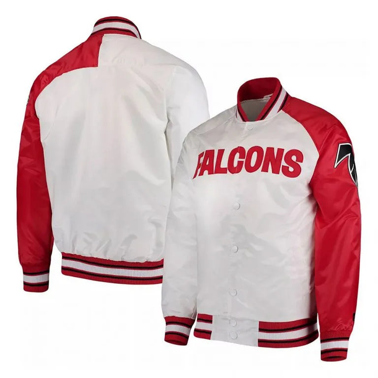 Atlanta Falcons Start of Season Retro Full-Snap Varsity Red and White Satin Men's Bomber Jacket
