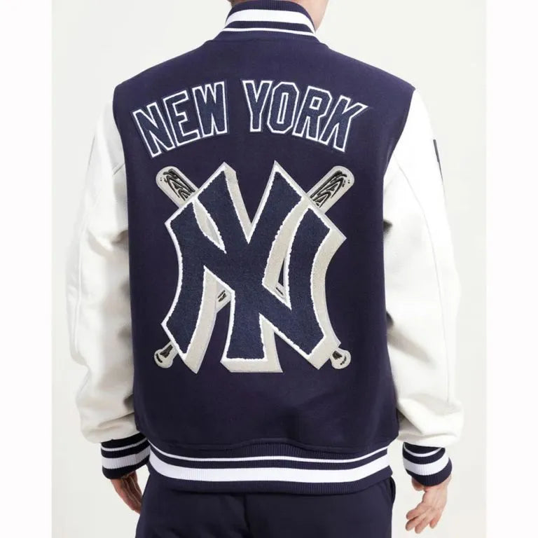 New York Yankees Mash Up Blue Wool & White Leather Sleeves Full-Zip Varsity Men's Jacket