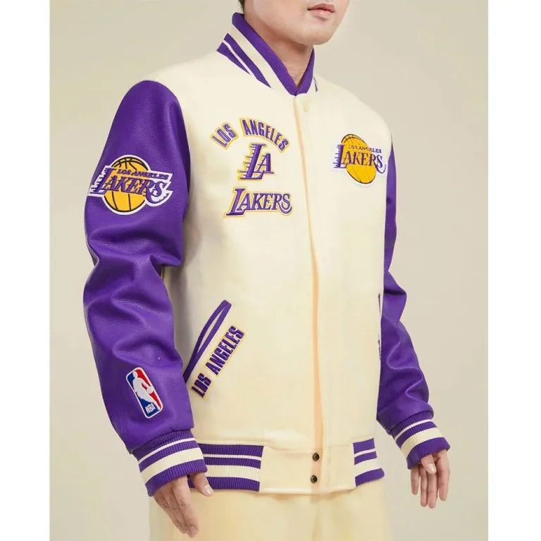 Los Angeles Lakers  Retro Classic Rib Varsity Off White Wool & Purple Genuine Leather Sleeves Men's Letterman Jacket
