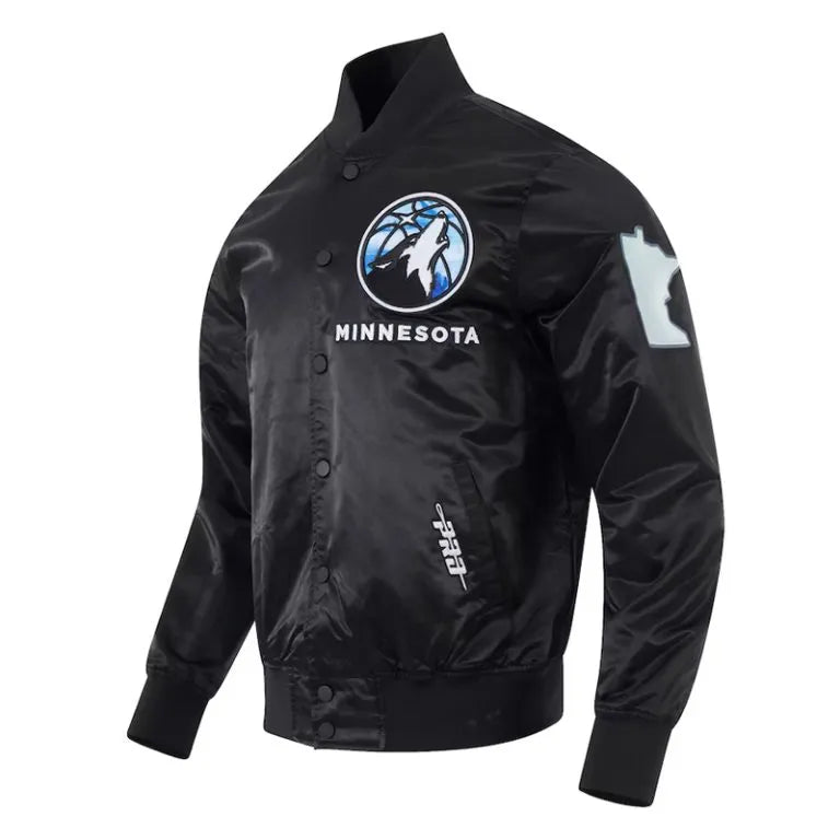 Minnesota Timberwolves 2024/25 City Edition Full-Snap Varsity Black Satin Men's Bomber Jacket