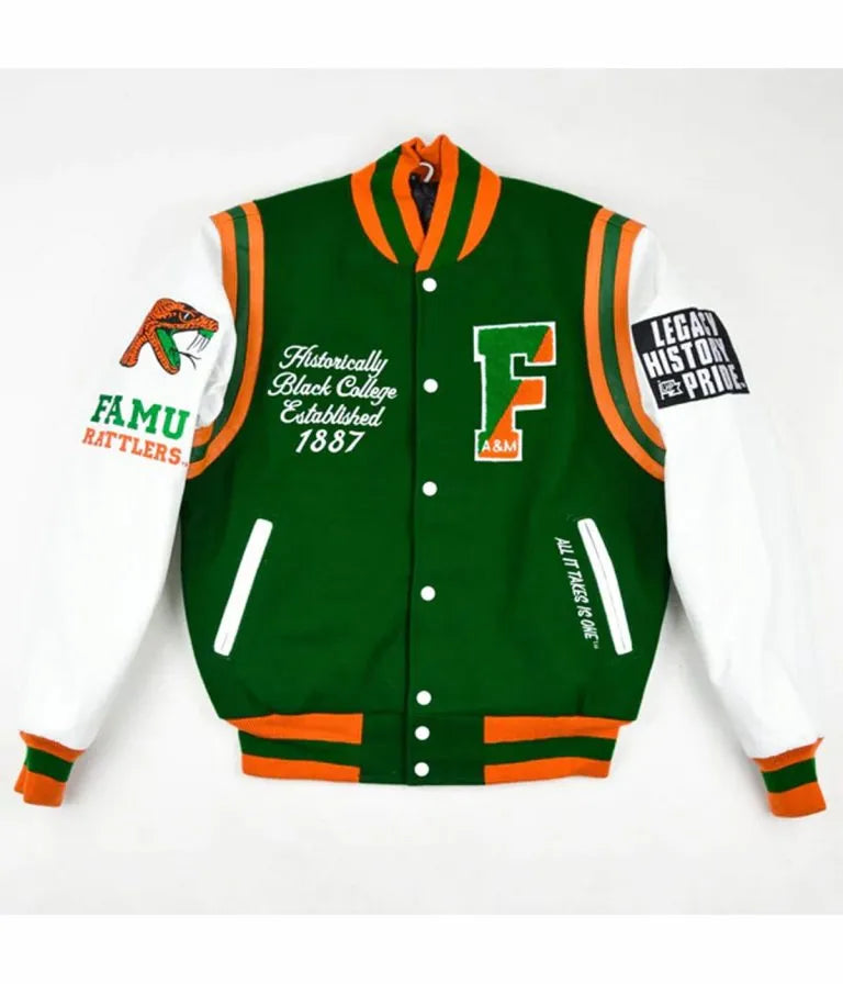 Florida A&M University Motto 2.0  Green Wool & White Genuine Leather Sleeves Men's Letterman Varsity Jacket