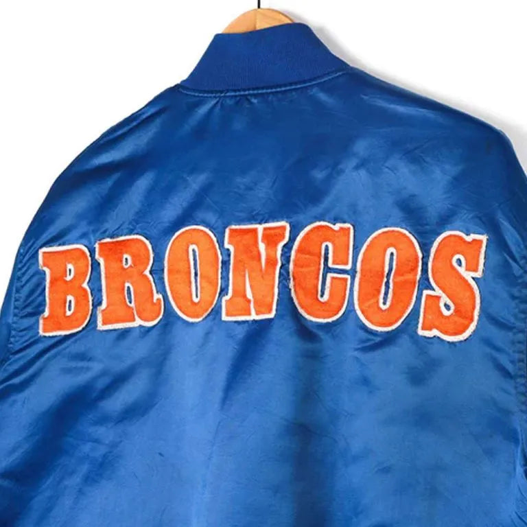 80s Denver Broncos Embroidered Full-Snap Varsity Blue/Orange Satin Men's Bomber Jacket