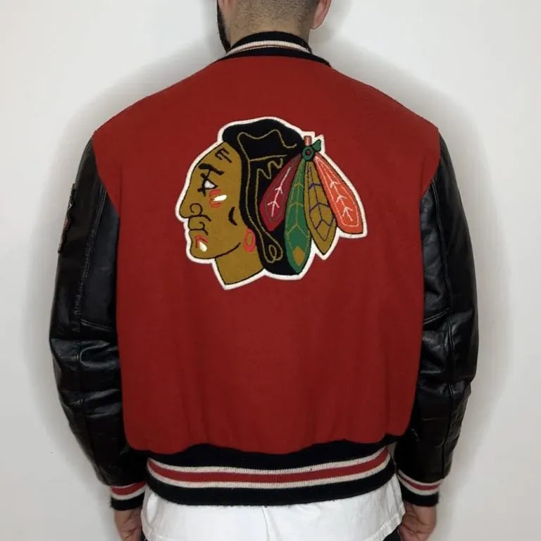 Chicago Blackhawks Campbell Red Wool & Black Genuine Leather Sleeves Men's Letterman Varsity Jacket