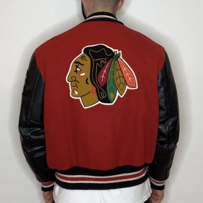 Chicago Blackhawks Campbell Red Wool & Black Genuine Leather Sleeves Men's Letterman Varsity Jacket