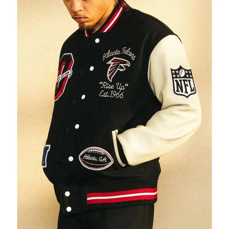 Atlanta Falcons OVO Varsity Black Wool & White Genuine Leather Sleeves Men's Letterman Jacket