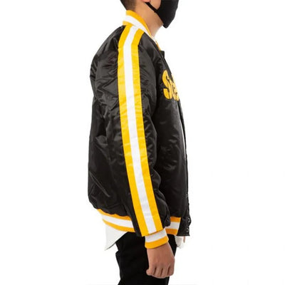 Pittsburgh Steelers Striped Full-Snap Varsity Black Satin Men's Bomber Jacket