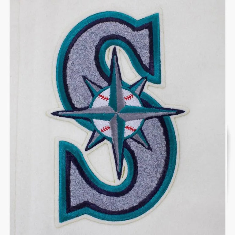 Seattle Mariners Off white Wool & Navy Blue Leather Sleeves Varsity Men's Jacket