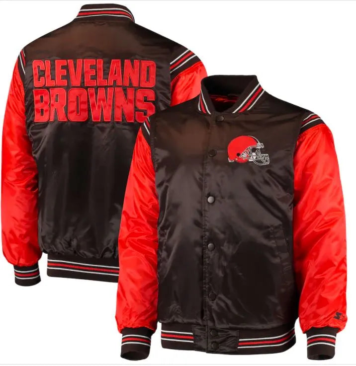 Cleveland Browns Full-Snap Varsity Red and Brown Satin Men's Bomber Jacket
