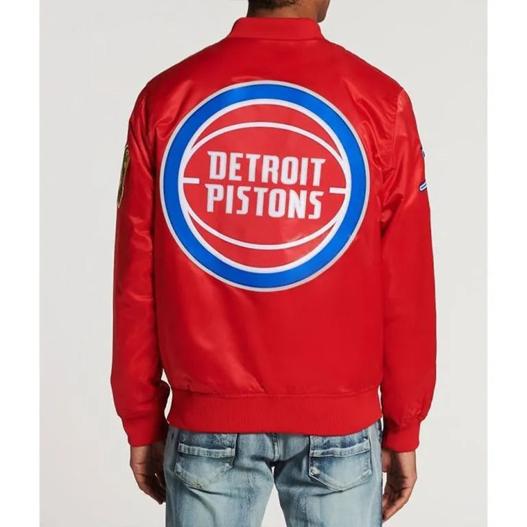Detroit Pistons Big Logo Full-Snap Varsity Red Satin Men's Bomber Jacket