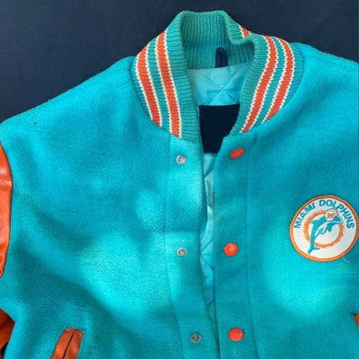 Miami Dolphins Aqua Wool and Orange Genuine Leather Sleeves Men's Varsity Letterman Jacket