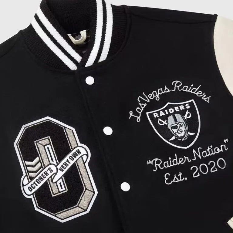 OVO Los Vegas Raiders Black Wool and White Genuine Leather Sleeves Men's Varsity Letterman Jacket