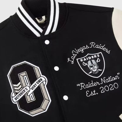 OVO Los Vegas Raiders Black Wool and White Genuine Leather Sleeves Men's Varsity Letterman Jacket