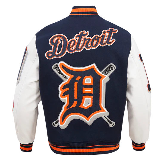 Detroit Tigers Navy Blue Wool & White Leather Sleeves Varsity Men's Jacket