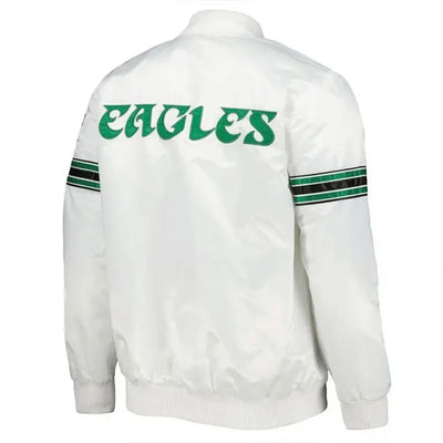 Philadelphia Eagles The Power Forward Full-Snap Varsity White Satin Men's Bomber Jacket