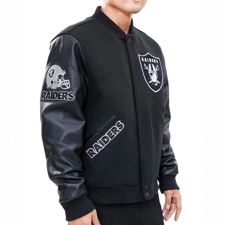 Los Vegas Raiders Black Wool and Genuine Leather Sleeves Men's Varsity Letterman Jacket