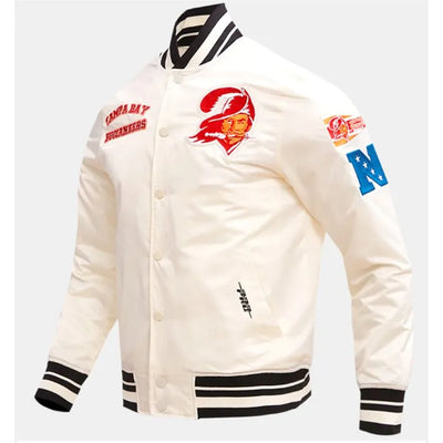 Tampa Bay Buccaneers Retro Classic Rib Full-Snap Varsity Off-White Satin Men's Bomber Jacket