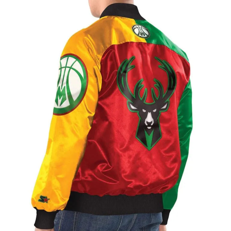 Milwaukee Bucks Ty Mopkins Full-Snap Varsity Multicolor Satin Men's Bomber Jacket