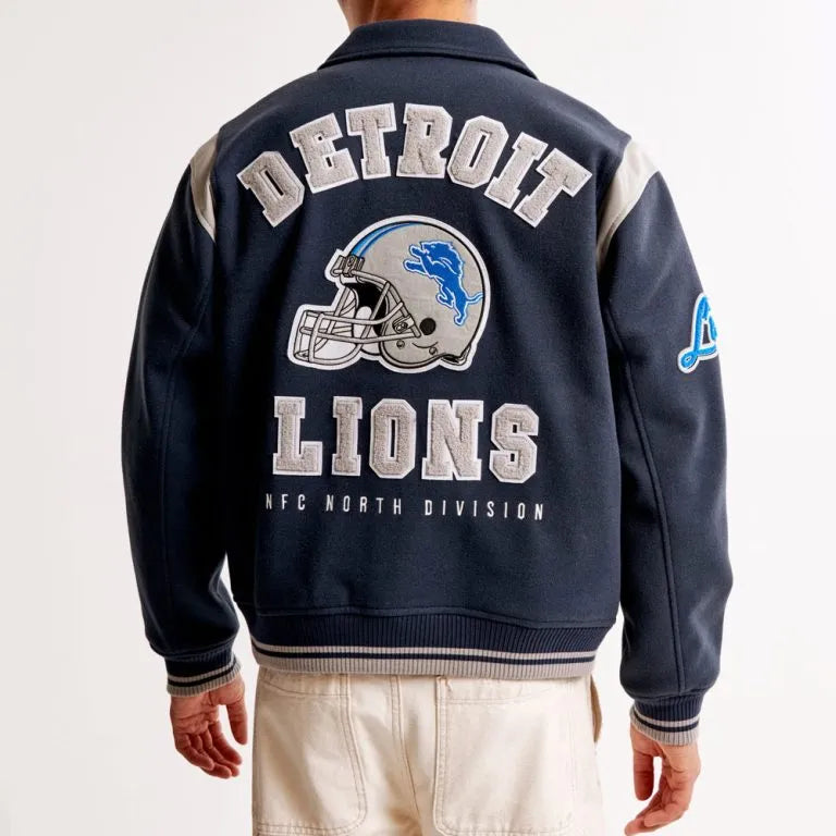Detroit Lions Defend The Den All Wool Navy Blue Men's Varsity Jacket