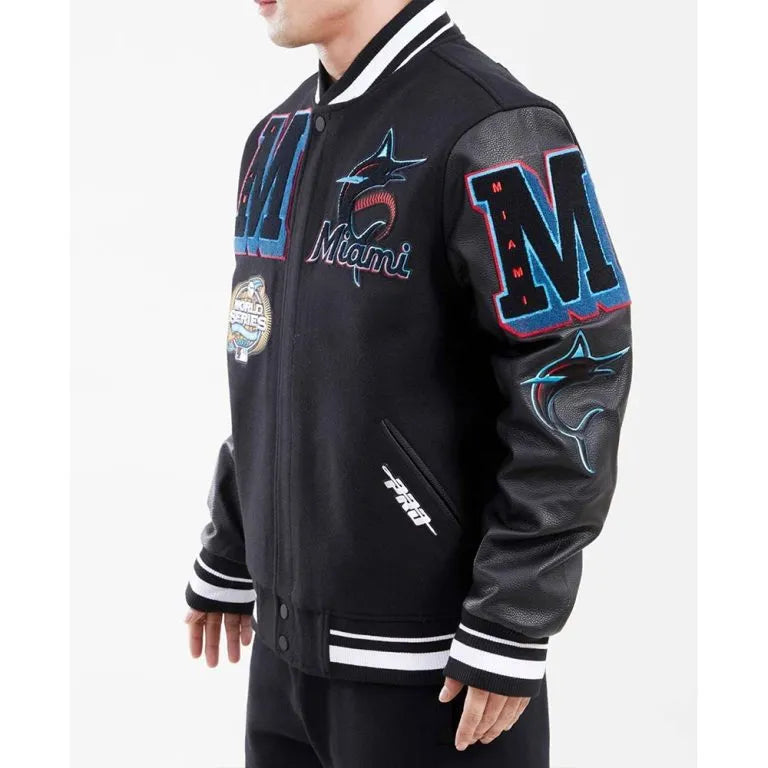 Miami Marlins Mash Up Full-Zip Black Wool/Leather Varsity Men's Jacket