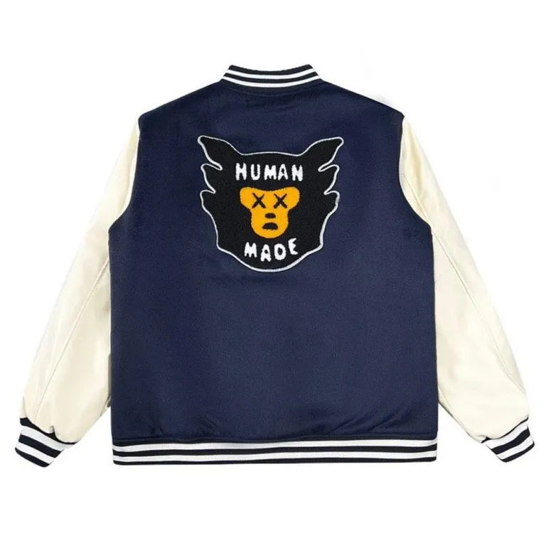 Human Made Kaws Black Wool & White Genuine Leather Sleeves Men's Letterman Varsity Jacket