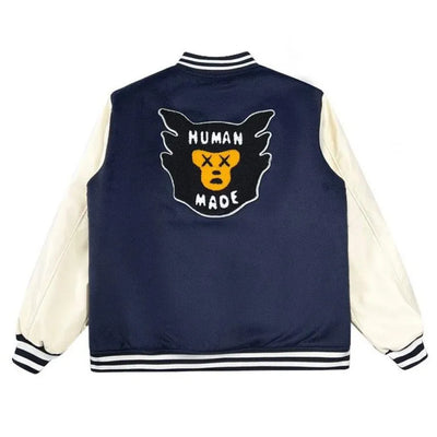 Human Made Kaws Black Wool & White Genuine Leather Sleeves Men's Letterman Varsity Jacket