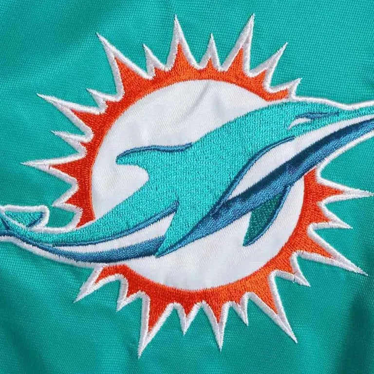 Miami Dolphins Champ Full-Snap Varsity Aqua Satin Men's Bomber Jacket