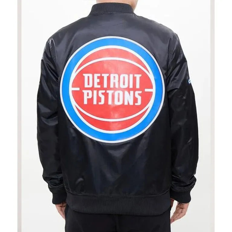 Detroit Pistons Big Logo Full-Snap Varsity Black Satin Men's Bomber Jacket