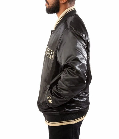 Golden State Warriors Full-Snap Varsity Black/Gold Satin Men's Bomber Jacket