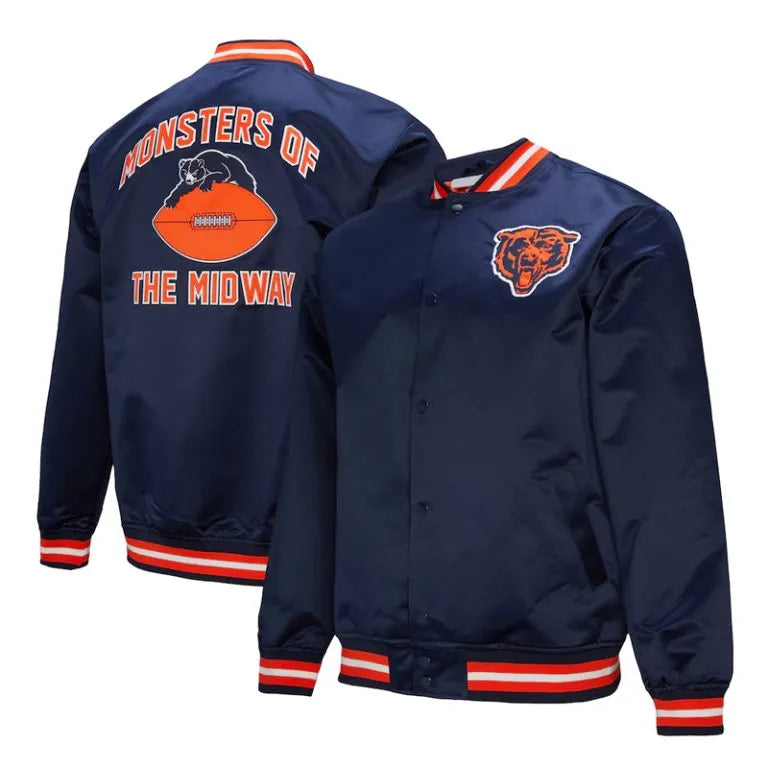 Chicago Bears Double Down Full-Snap Varsity Navy Blue Satin Men's Bomber Jacket