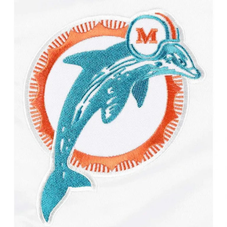 Miami Dolphins The Power Forward Full-Snap Varsity White Satin Men's Bomber Jacket