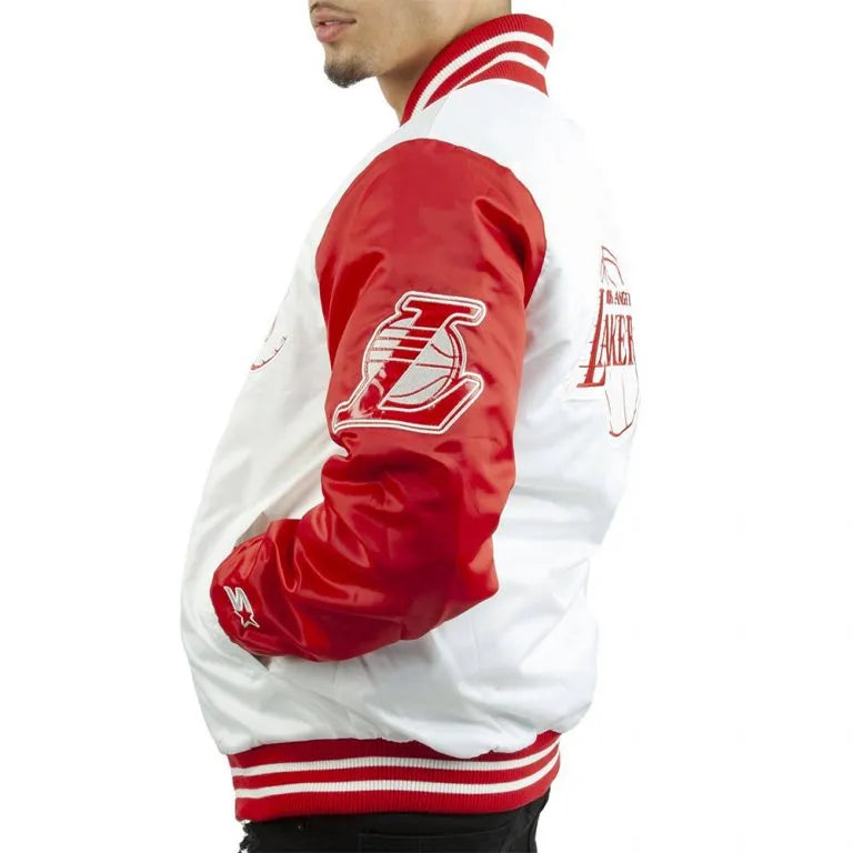 Los Angeles Lakers Full-Snap Varsity White and Red Satin Men's Bomber Jacket