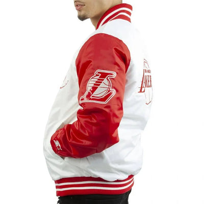 Los Angeles Lakers Full-Snap Varsity White and Red Satin Men's Bomber Jacket