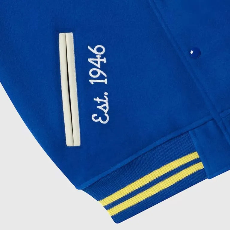 OVO Golden State Warriors Varsity Blue Wool & White Genuine Leather Sleeves Men's Bomber Jacket