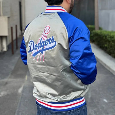 LA Dodgers Vintage Logo Double Clutch Lightweight Gray Satin Men's Jacket