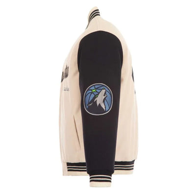 Minnesota Timberwolves Varsity Cream Wool & Black Genuine Leather Sleeves Men's Jacket