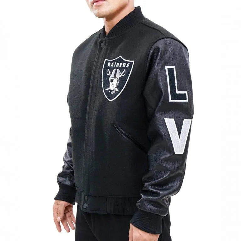 Los Vegas Raiders Black Wool and Genuine Leather Sleeves Men's Varsity Letterman Jacket
