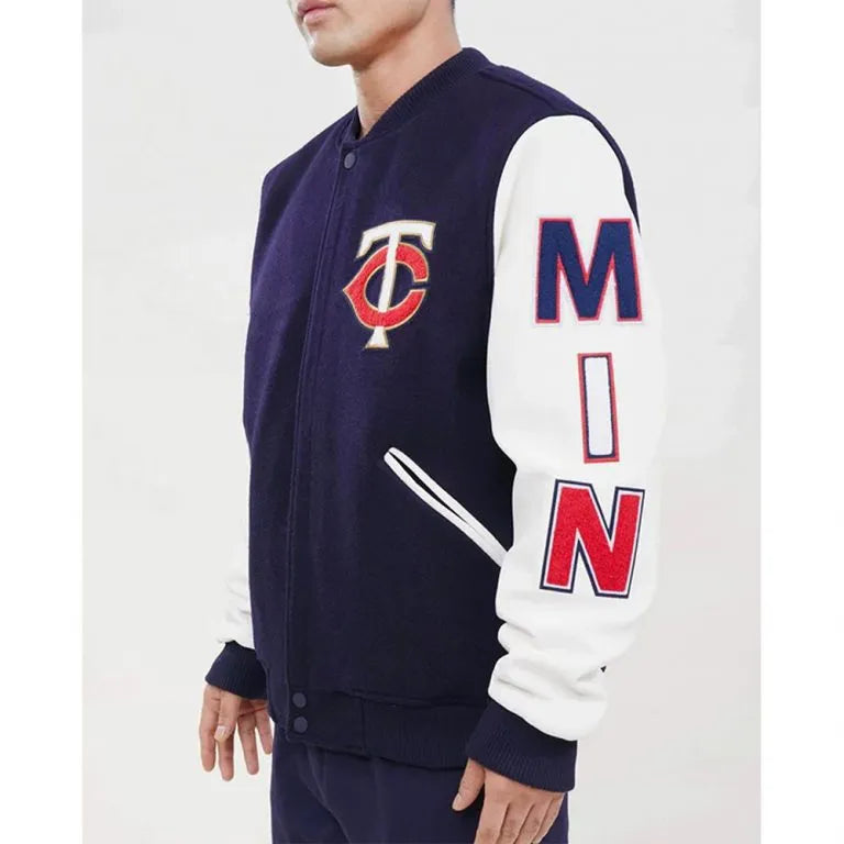Minnesota Twins Navy Blue Wool & White Leather Sleeves Varsity Men's Jacket