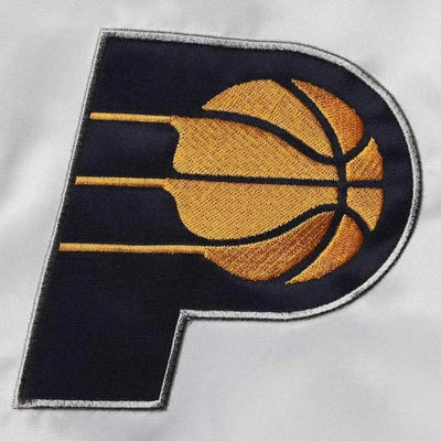 Indiana Pacers Renegade Full-Snap Varsity White and Navy Blue Satin Men's Bomber Jacket