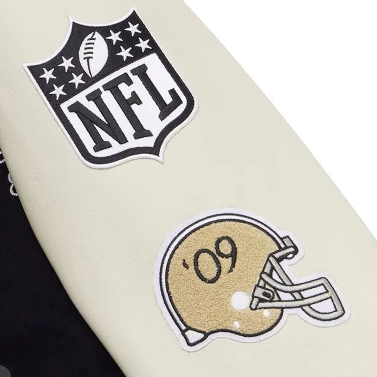 OVO New Orleans Saints Logo Mash Up Black Wool & White Genuine Leather Sleeves Men's Varsity Letterman Jacket