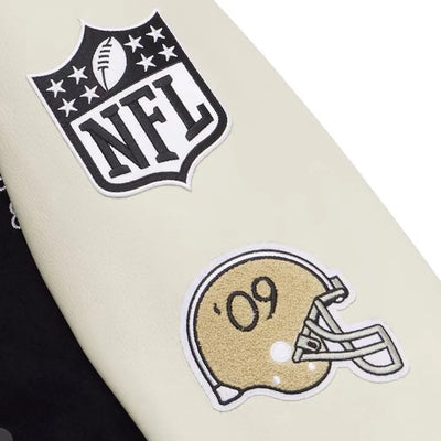 OVO New Orleans Saints Logo Mash Up Black Wool & White Genuine Leather Sleeves Men's Varsity Letterman Jacket