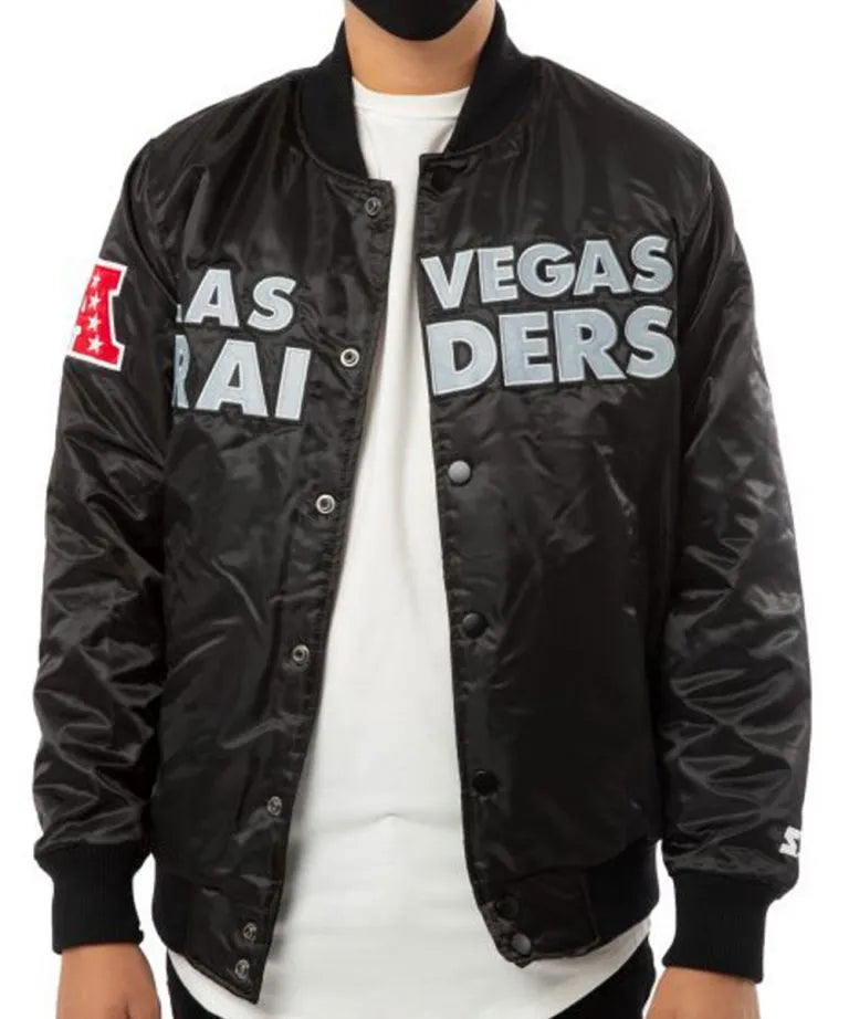 Los Angeles Raiders Back Shield Full-Snap Varsity Black Satin Men's Bomber Jacket