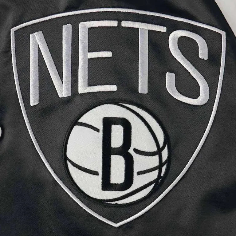 Brooklyn Nets Point Guard Full-Snap Varsity Black/White Satin Men's Bomber Jacket
