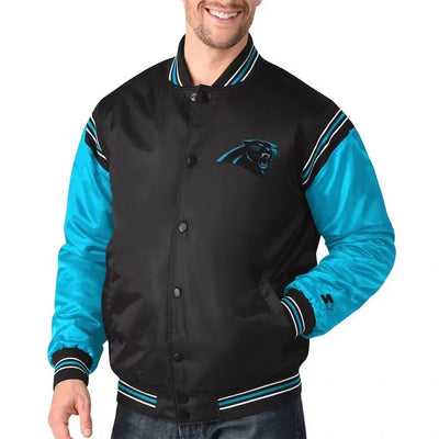Carolina Panthers Enforcer Full-Snap Varsity Black/Blue Satin Men's Bomber Jacket
