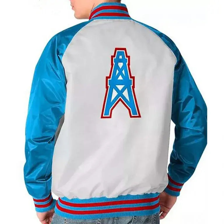 Houston Oilers Throwback Full-Snap Varsity White and Blue Satin Men's Bomber Jacket